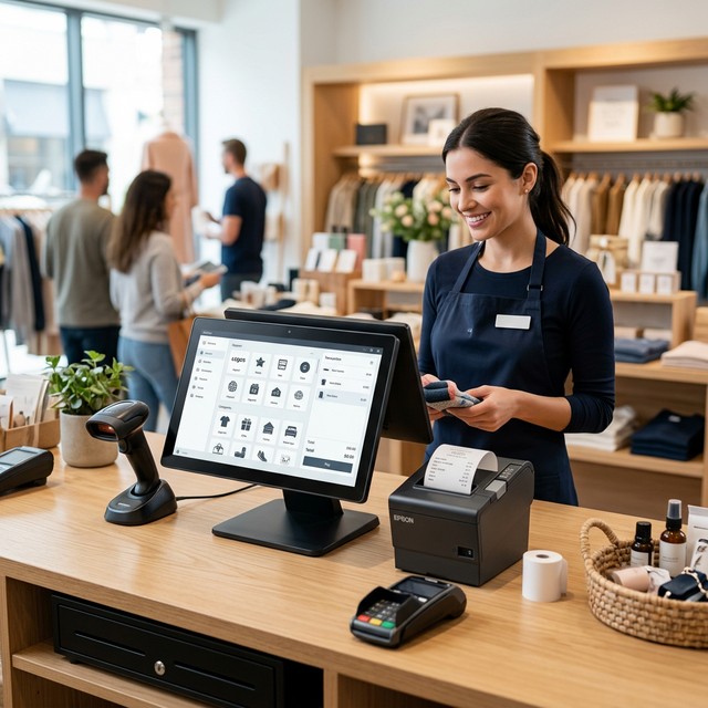 Sistema de punto de venta Professional POS en un mostrador moderno con lector de código de barras e impresora web