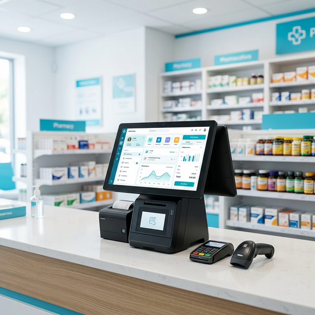 Sistema de punto de venta Professional POS en un mostrador de farmacia clínica moderna con medicamentos