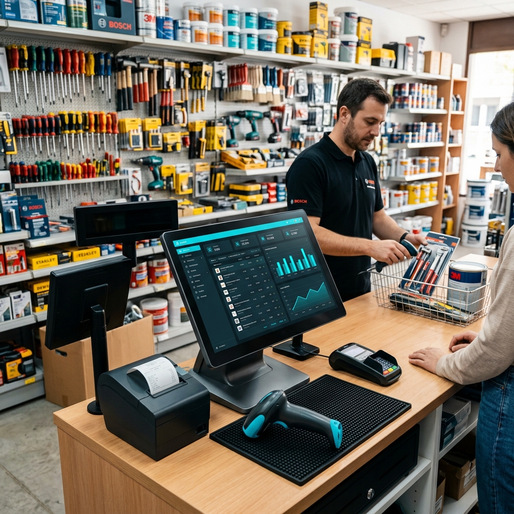 Mostrador de ferretería con un moderno sistema de punto de venta Professional para organizar inventario de herramientas