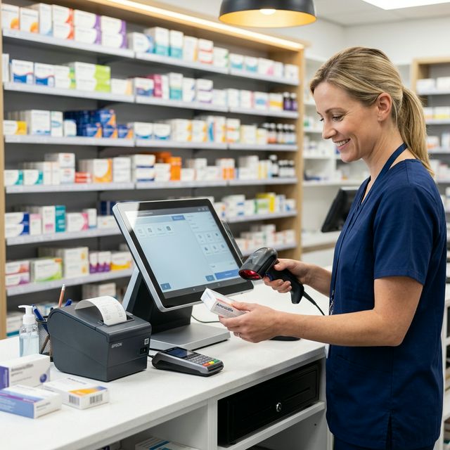 Mostrador moderno de farmacia con un sistema de punto de venta Professional POS y anaqueles de medicamentos al fondo