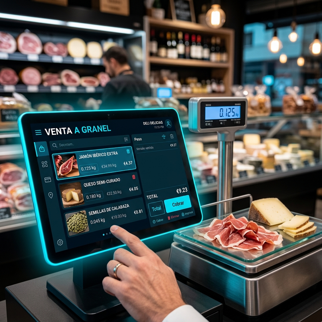 Punto de venta conectado a una báscula realizando venta a granel de semillas y carnes